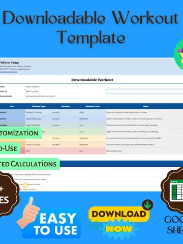 Downloadable Workout Template, Editable Google Sheets, Digital Fitness Planner for Exercise Tracking & Goal Management $8.26
