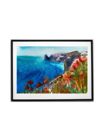 Watercolor landscape seascape painting blue colours