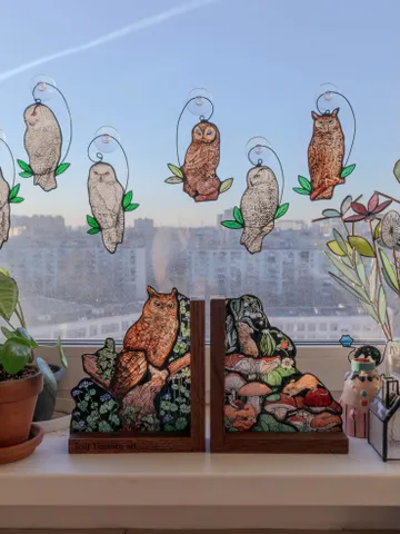 Stained glass bookends with mushrooms and owl, Home decor with fungi $450.00
