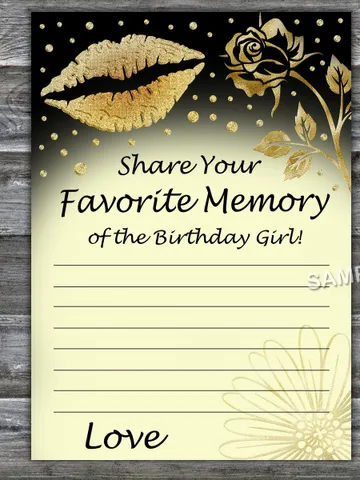 Gold Glitter Lips Favorite Memory of the Birthday Girl,Adult Birthday party game-fun games for her-Instant download $1.75