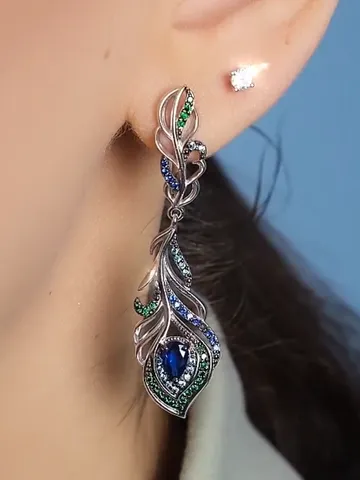 Women's earrings 925 silver peacock feathers with blue and green cubic zirconia, bird of happiness $129.00