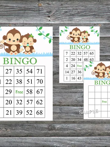 Baby Monkey bingo cards,Baby Monkey bingo game,Monkey printable bingo cards,60 Bingo Cards,INSTANT DOWNLOAD--298 $3.95