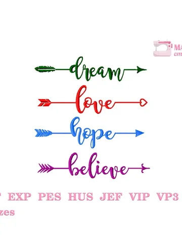 Arrow script font machine embroidery design, Lettering embroidery files, Valentine embroidery pattern, Love Hope Dream Believe #R11 $3.45