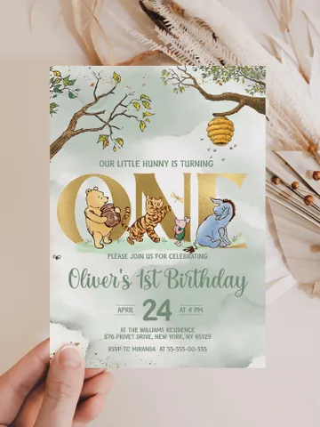 Classic Winnie Pooh Baby Birthday Invitation; Winnie Pooh Baby Birthday ; Greenery Baby Birthday; Honey Bear Birthday; Winnie Pooh wp $12.78