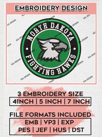 NCAA North Dakota Fighting Hawks Round Logo Embroidery, NCAA North Dakota Fighting Hawks Logo Embroidery files, NCAA Teams, Machine embroidery designs, Digital Download