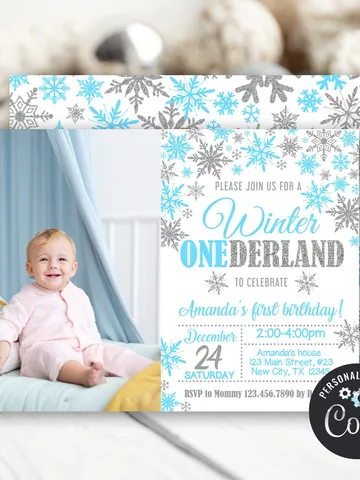 Winter Onederland Invitation Girl 1st Birthday Invitation, Winter Wonderland Birthday Invitation, First Birthday Snowflake Editable Template $7.00