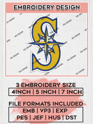 Seattle Mariners Logo Machine Embroidery Design Files, MLB Seattle Mariners Team Embroidery, MLB Teams, 3 sizes, MLB Machine embroidery designs, Digital Download $6.99