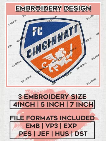 FC Cincinnati Logo Embroidery Designs, MLS Embroidery files, Cincinnati MLS Teams, Cincinnati Football, Digital Download