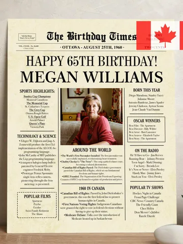 65th Birthday Newspaper Poster 1960 CANADA, 65th Birthday Gift for Men or Women, Personalized 65th Birthday Sign 1960 Canadian Highlights $15.00