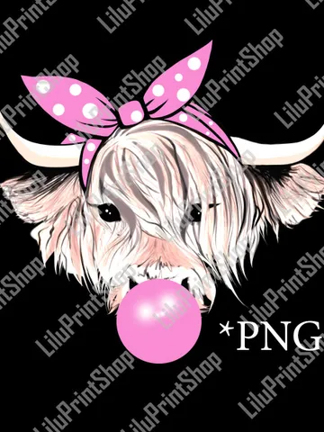 Blonde Highland cow png sublimation Cow with bubble gum and pink bandana Heifer PNG clipart digital Instant download $4.27