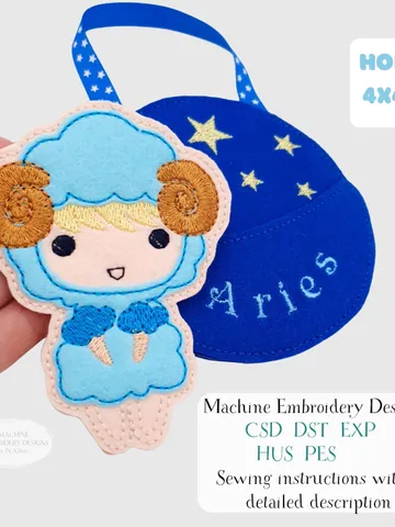 ITH Aries Zodiac Finger Puppet & Gift Bag Embroidery Design, Ram Star Sign Toy, 4x4 Hoop Christmas Ornament File $6.00