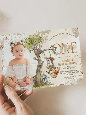 1st Birthday Winnie the Pooh Inspired ; Classic Winnie Pooh Invitations; Neutral Winnie Pooh Turning one Winnie Pooh Birthday Party poom88 $3.00