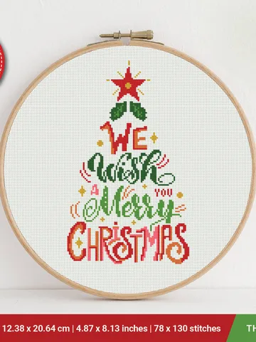 Christmas Tree, We wish you a Merry Christmas cross stitch pattern, decor, counted, chart, gift DIY, embroidery, instant PDF $5.37
