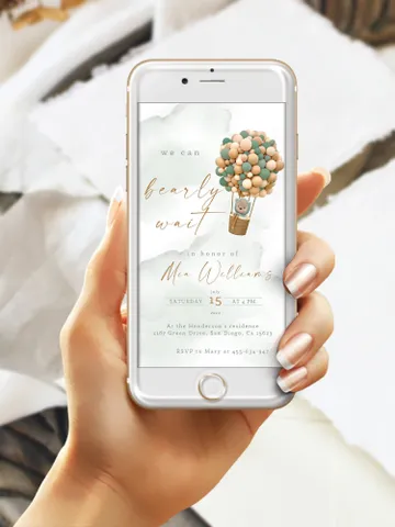 Teddy Bear Hot Air Balloon Baby Shower Digital Invitation; We can bearly wait; Editable Teddy Bear Ballons Baby Shower Smartphone Invitation $11.62
