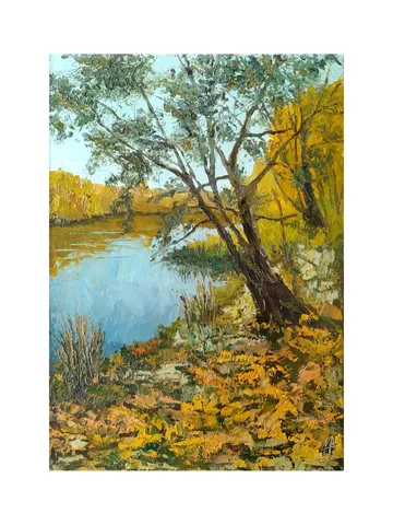 Autumn Lake Painting 12x8,5" Fall Trees Landscape ORIGINAL ART Impressionist Artwork hand painted by artist Marina Chuchko $195.00