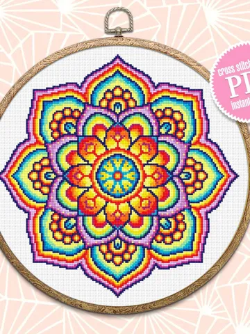 Bright mandala cross stitch pattern download PDF Colorful flower mandala ornament cross stitch chart, Mandala pattern digital PDF #M13 $4.60