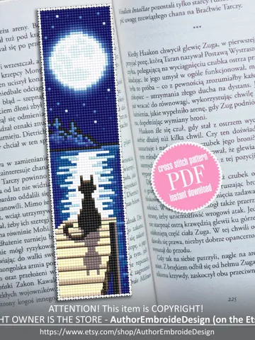 Bookmark cross stitch pattern download PDF Modern handmade bookmark digital Cute Black cat embroidery beginners Moon cross stitch chart #B60 $4.40