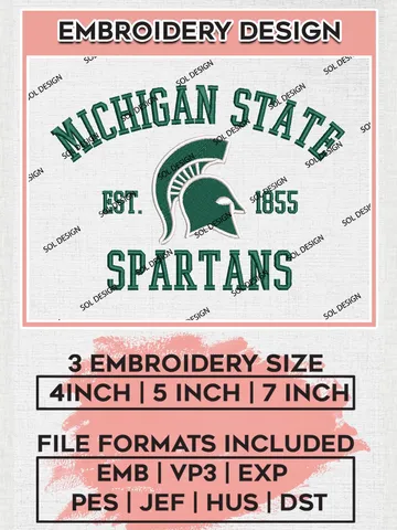 Michigan State Spartans Est 1855 Logo Embroidery Designs, NCAA Michigan State Spartans Team Embroidery, NCAA Team Logo, 3 sizes, Machine embroidery Files, Digital Download $6.99