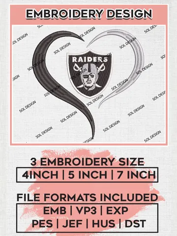 Las Vegas Raiders Heart Embroidery Design Files, NFL Raiders Embroidery Designs, NFL Embroidery Designs, NFL Las Vegas Raiders Machine Embroidery Design, Digital Download $6.99