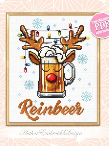 Funny Christmas reindeer cross stitch pattern PDF Christmas beer cross stitch chart, Reinbeer pattern digital PDF, Beer lover gift #N110 $4.30