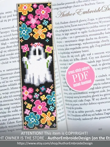 Floral ghost bookmark cross stitch pattern PDF download Cute ghost cross stitch chart, Simple Halloween bookmark pattern digital PDF #B366 $4.40