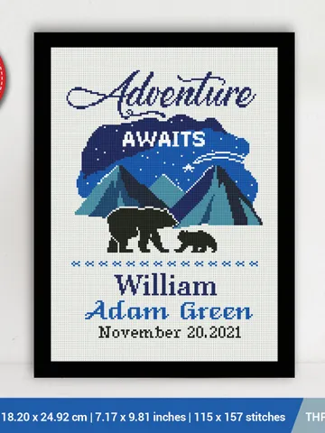 Birth announcement cross stitch pattern, Adventure awaits, baby, personalized, boy girl nursery decor, gift DIY, embroidery, instant PDF $6.80