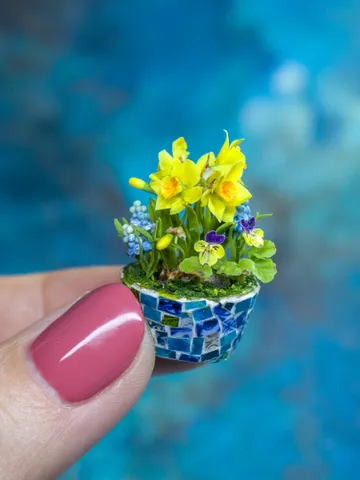 MINIATURE daffodils, muscari and pansies in a mosaic pot | Dollhouse miniatures $72.00