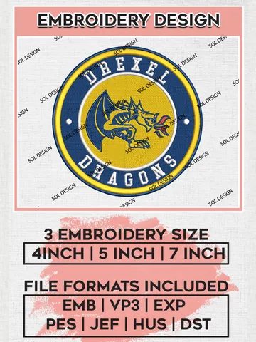 NCAA Drexel Dragons Round Logo Embroidery, NCAA Drexel Dragons Logo Embroidery files, NCAA Teams, Machine embroidery designs, Digital Download $6.99