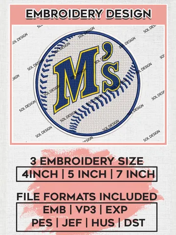 Seattle Mariners M's Logo Embroidery Files, MLB Seattle Mariners Team Embroidery, MLB Teams, 3 sizes, MLB Machine embroidery designs, Digital Download $6.99