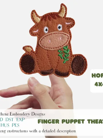 Cute Bull Finger Puppet Machine Embroidery Design ITH 4x4 Hoop. DIY Farm Animal Digital File. Kids Puppet Theater Pattern Instant Download $3.00