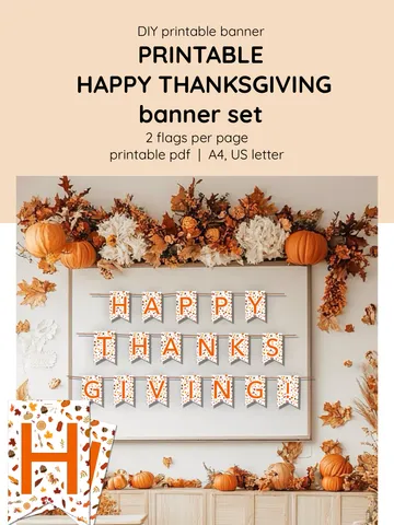 Printable Thanksgiving banner set. DIY Fall Garland Decor. Thanksgiving Flags Printable. Fall Home Decor activity. Thanksgiving classroom decoration. Autumn printable craft.