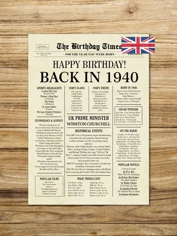 Back in 1940 United Kingdom | 85th Birthday Newspaper Sign | 1940 Birthday Poster UK | 85th Birthday Gift | 85 years ago back in 1940 $6.50