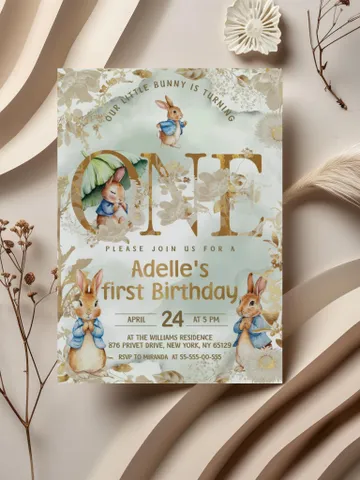 Editable Peter Rabbit invitation template for 1st Baby Birthday party in Peter Rabbit style instant download and unlimited access pr888 $12.78