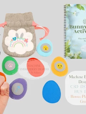 Machine Embroidery Bunny Puppet Pattern & Rainbow Egg Activity Set ITH + Play Guide PDF, Developmental Felt Toy Design