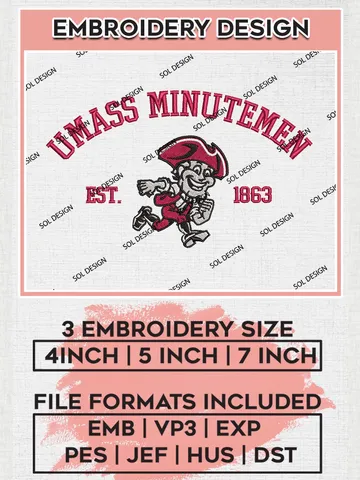 UMass Minutemen Est 1863 Logo Embroidery Designs, NCAA UMass Minutemen Team Embroidery, NCAA Team Logo, 3 sizes, Machine embroidery Files, Digital Download $6.99