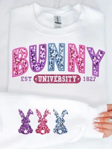 Trendy Bunny University, Embroidery Sparkly, Faux Sequins, Easter Png, Cute Easter Day Shirt, Trendy Easter Day Png, Sleeve Sublimation $3.90