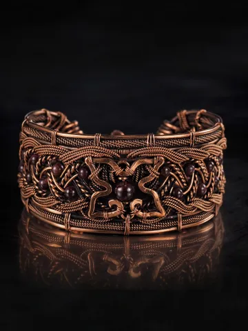 Copper wire wrapped garnet bracelet Unique bangle 7th Wedding Anniversary $90.00