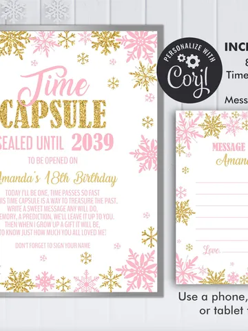 Winter Onederland Time Capsule and Matching Note Card Pink Gold Winter Onederland 1st Birthday Girl Decorations, Editable Template $7.00