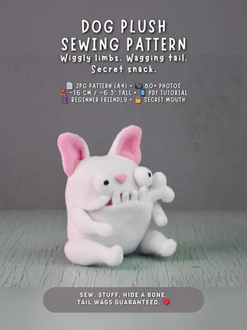 PDF Plush Toy Pattern – Fleece Dog with Bone Softie $10.00