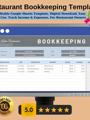Restaurant Bookkeeping Template, Editable Google Sheets Template,Digital Download, Easy to Use, Track Income Expenses, For Restaurant Owners $3.90