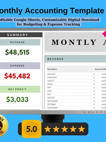 Monthly Accounting Template | Editable Google Sheets, Customizable Digital Download for Budgeting & Expense Tracking $5.46