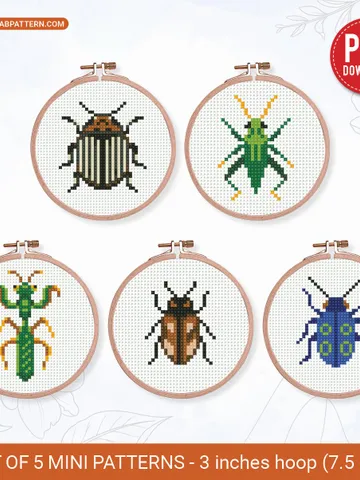 Bundle mini Insects 5 Cross stitch patterns, contemporary, Bug Beetle, Tiny Small, beginner, modern chart, gift DIY, embroidery, instant PDF $11.50