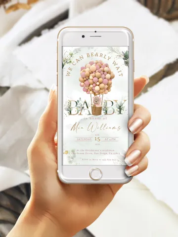 Teddy Bear Hot Air Balloon Baby Shower; We can bearly wait; Girl Baby Shower Invitation; Pink Hot air balloons smartphone invitation $11.62