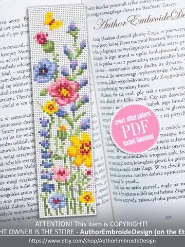 Flower bookmark cross stitch pattern PDF download Wildflowers cross stitch chart, Floral bookmark pattern digital, Watercolor flowers #B453 $4.40
