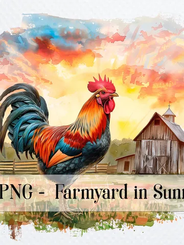 20 Farmyard in Sunrise Clipart, Printable Watercolor Farm landscape clipart for sublimation, High Resolution, junk journal, Paper craft $2.64