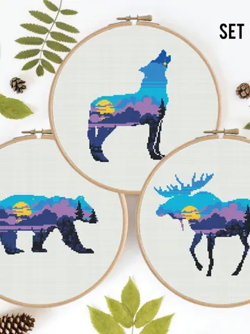 Bundle of 3 Animal Bear Elk Wolf Cross stitch pattern | Embroidery Pattern | Instant Download | Embroidery Designs $8.60