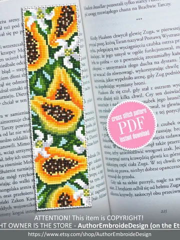 Tropical fruit bookmark cross stitch pattern PDF download Papaya cross stitch chart, Digital bookmark pattern, Easy handmade bookmark #B155 $4.40