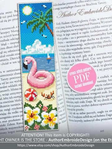 Beach bookmark cross stitch pattern PDF download Inflatable pink flamingo cross stitch, Bookmark pattern digital PDF Beach life Hawaii #B432 $4.40