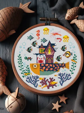 Underwater mansion cross stitch pattern $5.00