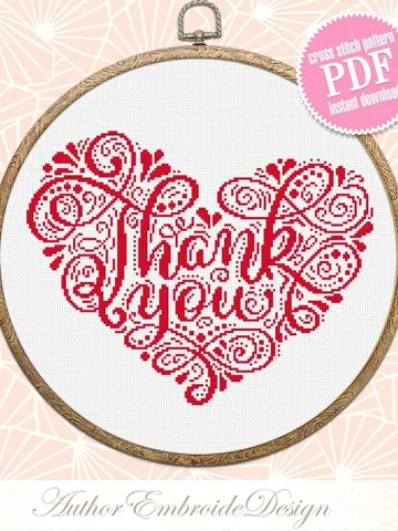 Heart thank you cross stitch pattern PDF download Heart mandala cross stitch chart, Heart embroidery digital PDF, Quote cross stitch #M233 $4.40